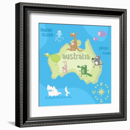 Concept Design Map of Australian Continent with Animals Drawing in Funny Cartoon Style for Kids And-Dunhill-Framed Art Print