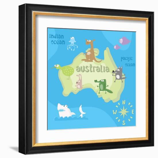 Concept Design Map of Australian Continent with Animals Drawing in Funny Cartoon Style for Kids And-Dunhill-Framed Art Print