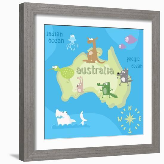 Concept Design Map of Australian Continent with Animals Drawing in Funny Cartoon Style for Kids And-Dunhill-Framed Art Print