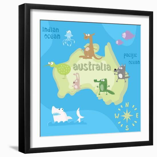 Concept Design Map of Australian Continent with Animals Drawing in Funny Cartoon Style for Kids And-Dunhill-Framed Art Print