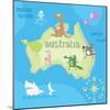 Concept Design Map of Australian Continent with Animals Drawing in Funny Cartoon Style for Kids And-Dunhill-Mounted Art Print