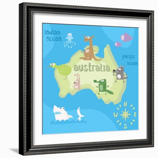 Concept Design Map of Australian Continent with Animals Drawing in Funny Cartoon Style for Kids And-Dunhill-Framed Art Print