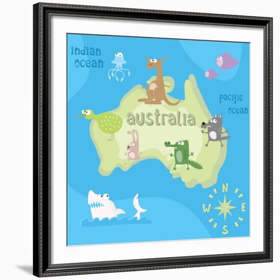 Concept Design Map of Australian Continent with Animals Drawing in Funny Cartoon Style for Kids And-Dunhill-Framed Art Print