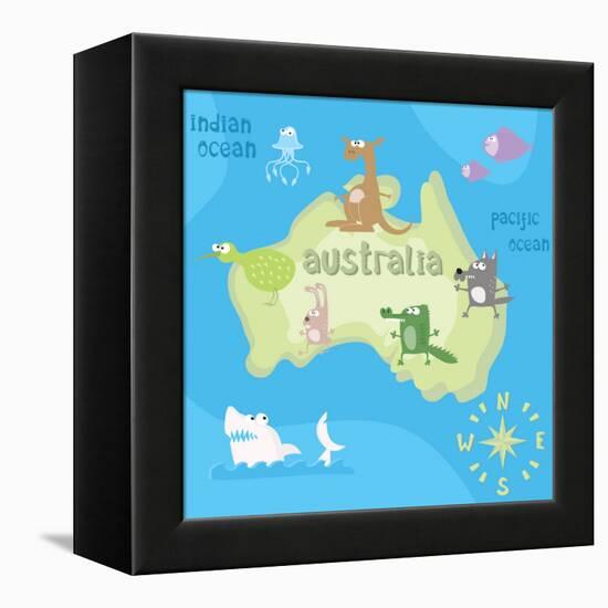 Concept Design Map of Australian Continent with Animals Drawing in Funny Cartoon Style for Kids And-Dunhill-Framed Stretched Canvas