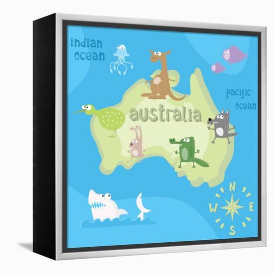 Concept Design Map of Australian Continent with Animals Drawing in Funny Cartoon Style for Kids And-Dunhill-Framed Stretched Canvas