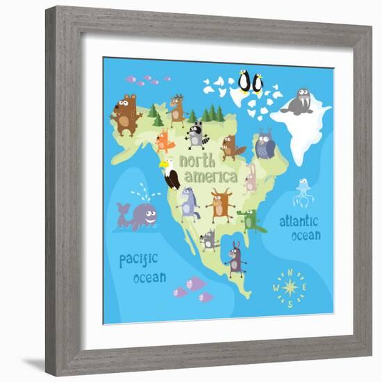 Concept Design Map of North American Continent with Animals Drawing in Funny Cartoon Style for Kids-Dunhill-Framed Art Print