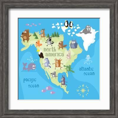 Concept Design Map of North American Continent with Animals Drawing in  Funny Cartoon Style for Kids' Art Print - Dunhill 