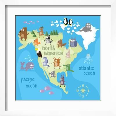 Concept Design Map of North American Continent with Animals Drawing in  Funny Cartoon Style for Kids' Art Print - Dunhill 
