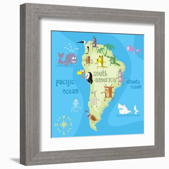 Concept Design Map of South American Continent with Animals Drawing in Funny Cartoon Style for Kids-Dunhill-Framed Art Print