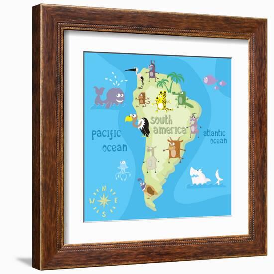 Concept Design Map of South American Continent with Animals Drawing in Funny Cartoon Style for Kids-Dunhill-Framed Art Print