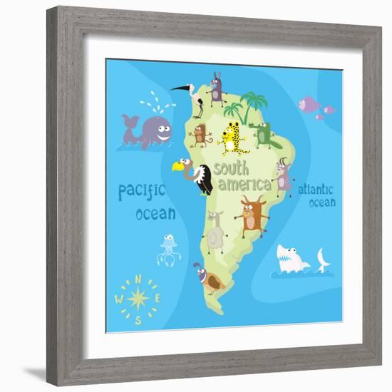 Concept Design Map of South American Continent with Animals Drawing in Funny Cartoon Style for Kids-Dunhill-Framed Art Print