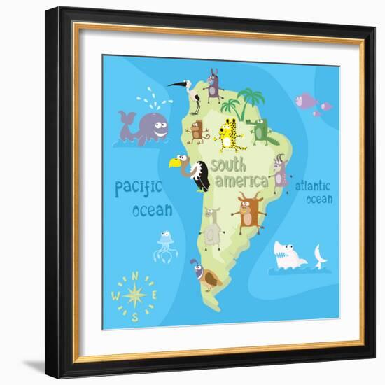 Concept Design Map of South American Continent with Animals Drawing in Funny Cartoon Style for Kids-Dunhill-Framed Art Print