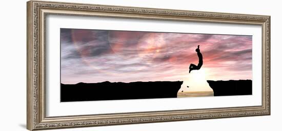Concept or Conceptual Young Man or Businessman Silhouette Jump Happy from Cliff over Water Gap Suns-bestdesign36-Framed Photographic Print
