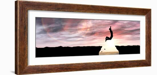 Concept or Conceptual Young Man or Businessman Silhouette Jump Happy from Cliff over Water Gap Suns-bestdesign36-Framed Photographic Print