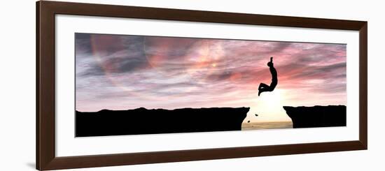 Concept or Conceptual Young Man or Businessman Silhouette Jump Happy from Cliff over Water Gap Suns-bestdesign36-Framed Photographic Print