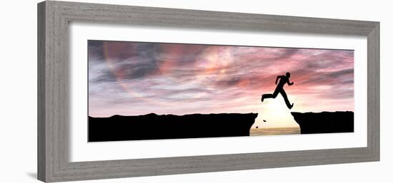 Concept or Conceptual Young Man or Businessman Silhouette Jump Happy from Cliff over Water Gap Suns-bestdesign36-Framed Photographic Print