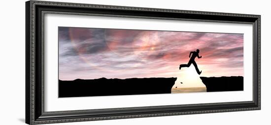 Concept or Conceptual Young Man or Businessman Silhouette Jump Happy from Cliff over Water Gap Suns-bestdesign36-Framed Photographic Print