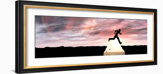 Concept or Conceptual Young Man or Businessman Silhouette Jump Happy from Cliff over Water Gap Suns-bestdesign36-Framed Photographic Print