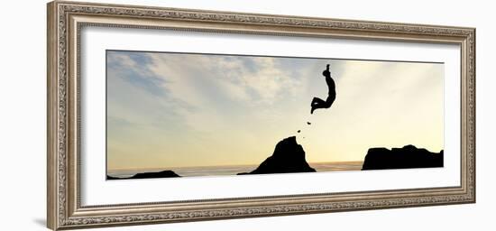 Concept or Conceptual Young Man or Businessman Silhouette Jump Happy from Cliff over Water Gap Suns-bestdesign36-Framed Photographic Print