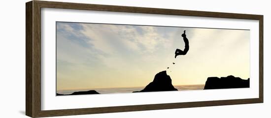 Concept or Conceptual Young Man or Businessman Silhouette Jump Happy from Cliff over Water Gap Suns-bestdesign36-Framed Photographic Print