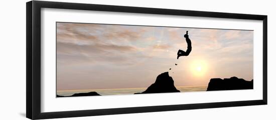 Concept or Conceptual Young Man or Businessman Silhouette Jump Happy from Cliff over Water Gap Suns-bestdesign36-Framed Photographic Print