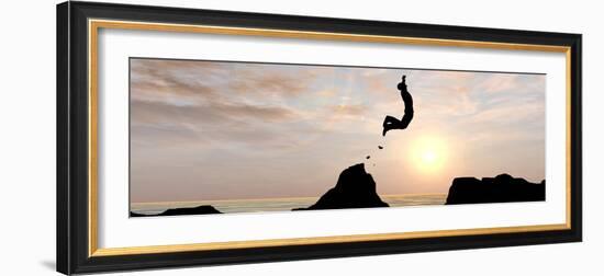 Concept or Conceptual Young Man or Businessman Silhouette Jump Happy from Cliff over Water Gap Suns-bestdesign36-Framed Photographic Print