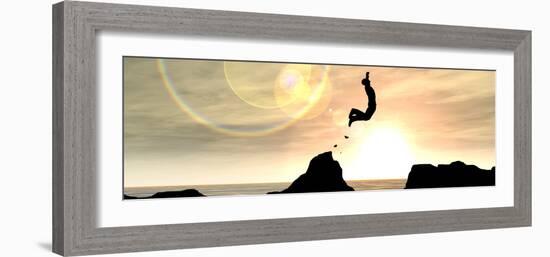 Concept or Conceptual Young Man or Businessman Silhouette Jump Happy from Cliff over Water Gap Suns-bestdesign36-Framed Photographic Print