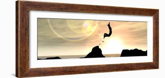 Concept or Conceptual Young Man or Businessman Silhouette Jump Happy from Cliff over Water Gap Suns-bestdesign36-Framed Photographic Print