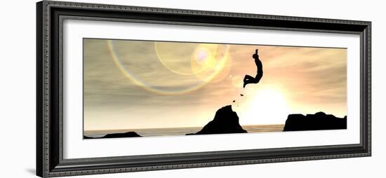 Concept or Conceptual Young Man or Businessman Silhouette Jump Happy from Cliff over Water Gap Suns-bestdesign36-Framed Photographic Print