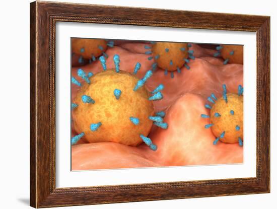 Conceptual biomedical illustration of rubeola measles virus on surface.-Stocktrek Images-Framed Art Print
