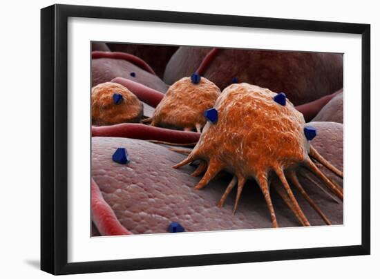 Conceptual image of a drug attacking the cancer virus.-Stocktrek Images-Framed Art Print