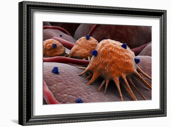 Conceptual image of a drug attacking the cancer virus.-Stocktrek Images-Framed Art Print