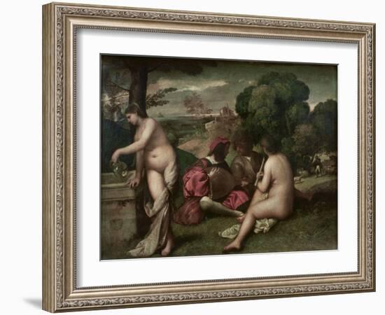 Concert Champetre, Open-Air Concert, Formerly Attributed to Giorgione, C. 1510-Titian (Tiziano Vecelli)-Framed Giclee Print