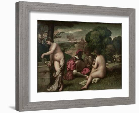 Concert Champetre, Open-Air Concert, Formerly Attributed to Giorgione, C. 1510-Titian (Tiziano Vecelli)-Framed Giclee Print