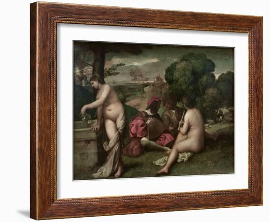 Concert Champetre, Open-Air Concert, Formerly Attributed to Giorgione, C. 1510-Titian (Tiziano Vecelli)-Framed Giclee Print