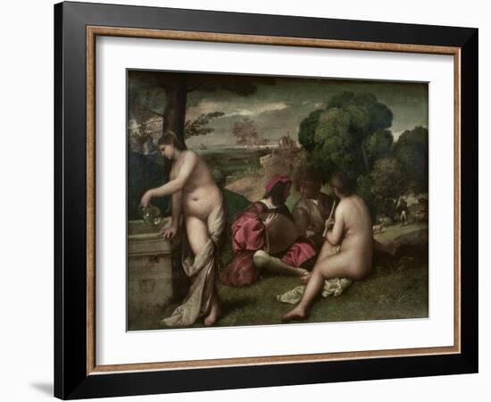 Concert Champetre, Open-Air Concert, Formerly Attributed to Giorgione, C. 1510-Titian (Tiziano Vecelli)-Framed Giclee Print