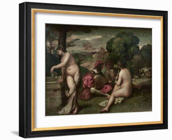 Concert Champetre, Open-Air Concert, Formerly Attributed to Giorgione, C. 1510-Titian (Tiziano Vecelli)-Framed Giclee Print