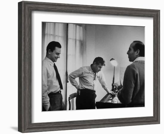 Conductor Leonard Bernstein, Jerome Robbins and Stephen Sondheim Discussing "West Side Story"-Alfred Eisenstaedt-Framed Premium Photographic Print