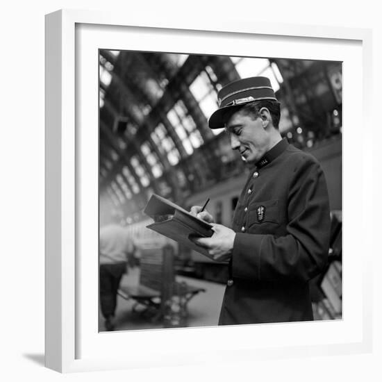 Conductor on the Orient Express Train Making Notes on a Piece of Paper, June 1950-Jack Birns-Framed Photographic Print