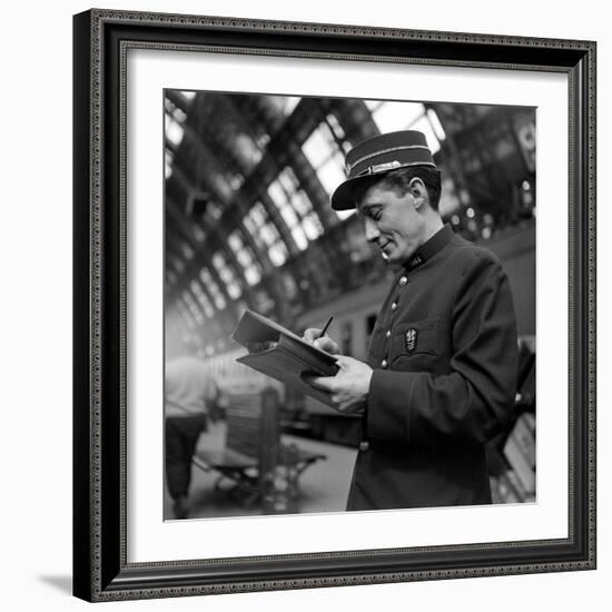 Conductor on the Orient Express Train Making Notes on a Piece of Paper, June 1950-Jack Birns-Framed Photographic Print