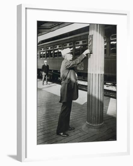 Conductor Signalling the Imminent Departure of the Royal Blue Train at Washington D.C., c.1910-null-Framed Photographic Print