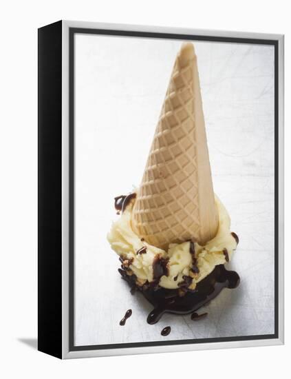 Cone of Nut Ice Cream with Chocolate Sauce-null-Framed Premier Image Canvas