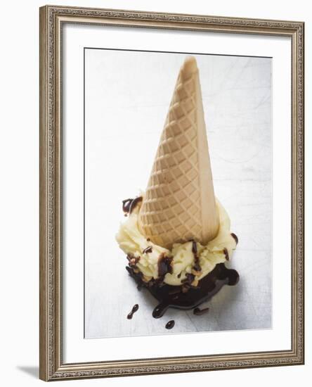 Cone of Nut Ice Cream with Chocolate Sauce-null-Framed Photographic Print