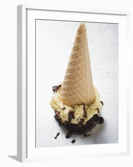 Cone of Nut Ice Cream with Chocolate Sauce-null-Framed Photographic Print