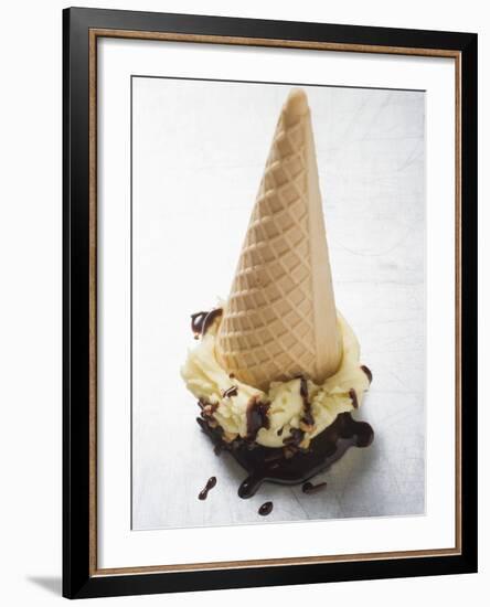 Cone of Nut Ice Cream with Chocolate Sauce-null-Framed Photographic Print