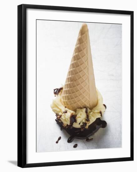 Cone of Nut Ice Cream with Chocolate Sauce-null-Framed Photographic Print