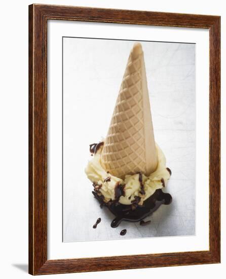 Cone of Nut Ice Cream with Chocolate Sauce-null-Framed Photographic Print