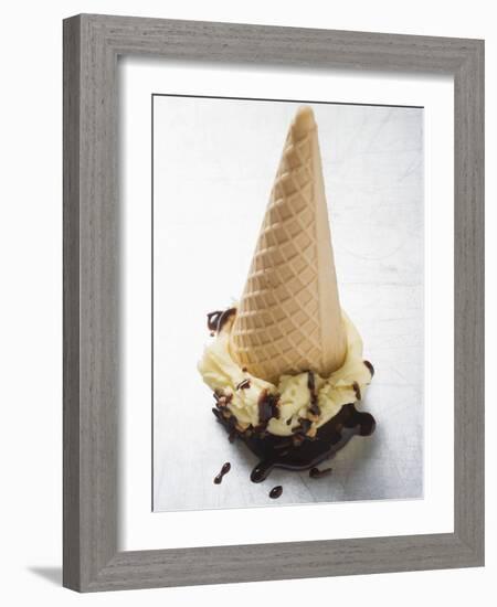 Cone of Nut Ice Cream with Chocolate Sauce-null-Framed Photographic Print