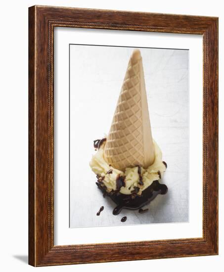 Cone of Nut Ice Cream with Chocolate Sauce-null-Framed Photographic Print