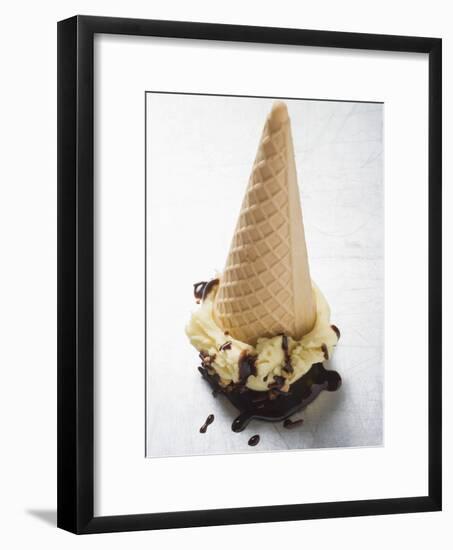 Cone of Nut Ice Cream with Chocolate Sauce-null-Framed Photographic Print